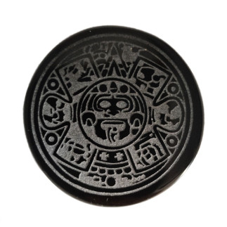 Cabochon calendrier aztèque en obsidienne noire