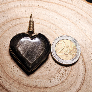 Pendentif cœur obsidienne argentée artisanale du Mexique naturelle
